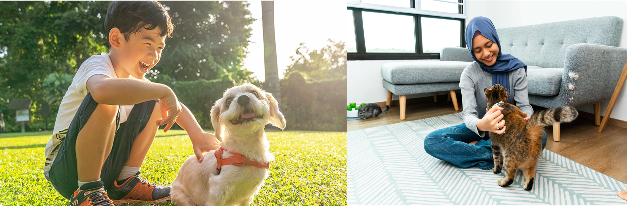 Left image of little boy laughing with happy dog, right image of happy pet owner with cat